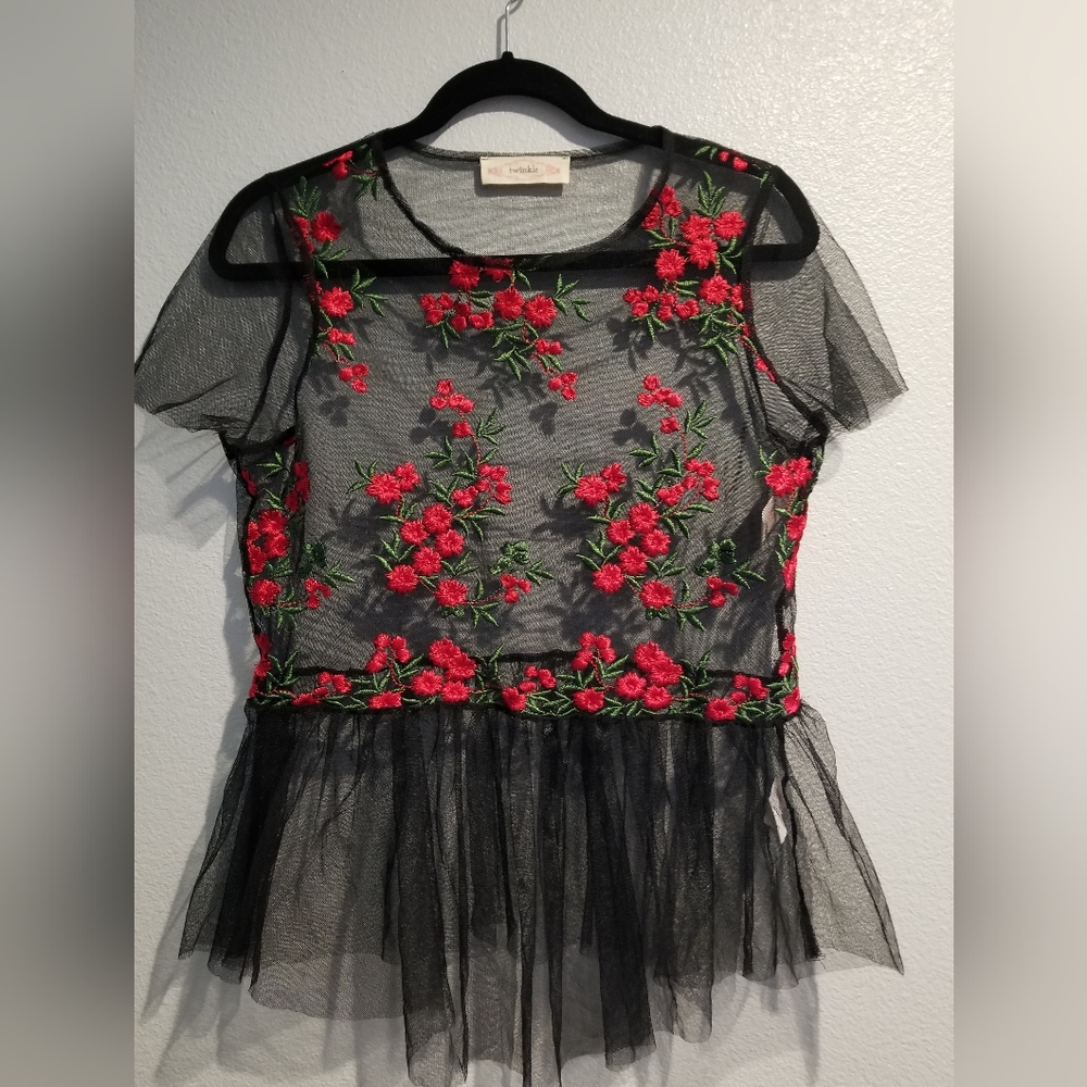 Womens Twinkle Mesh Floral Enbroidered Shirt Black M